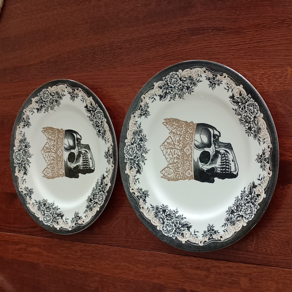 2 Royal Stafford England Porcelain Skull In Gold Crown 11" Dinner Plate